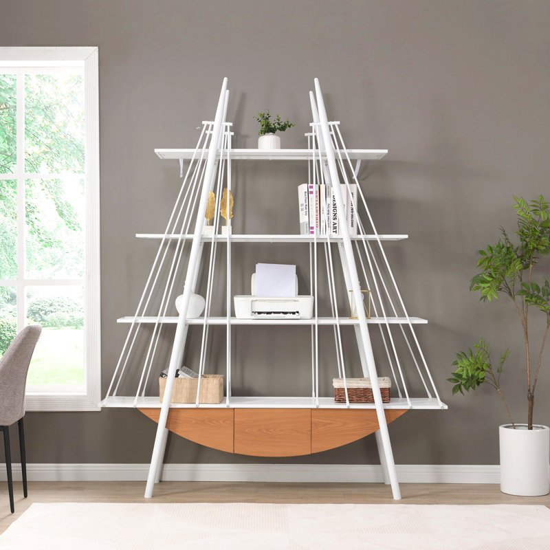 Sailboat-Inspired Bookshelf, 70.87 inch Industrial 4-Tier Open Storage Shelf with Drawer, Wooden & Metal Freestanding Bookcase, Sturdy Display Rack for Living Room, Office & Home Decoration.