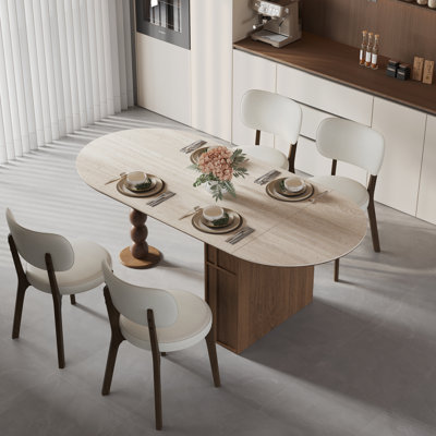 5 Piece Modern Extendable Dining Table Set With Storage & Leather Chairs, Extendable Oval Dining Table With 4 Upholstered Leather Chairs Dining Set Fo