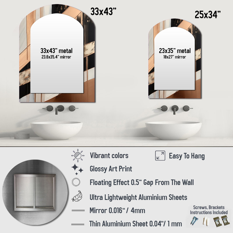 Rosegold Embracing Essence Of Lines III - Marble Asymmetrical Decorative Wall Mirror, Modern Arch Mirror, Printed Metal Art