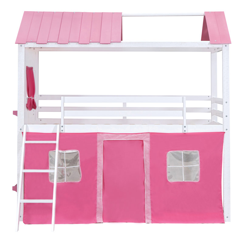 Lit simple superposé en bois avec fenêtres élégantes, rebords et tente, rose et blanc
