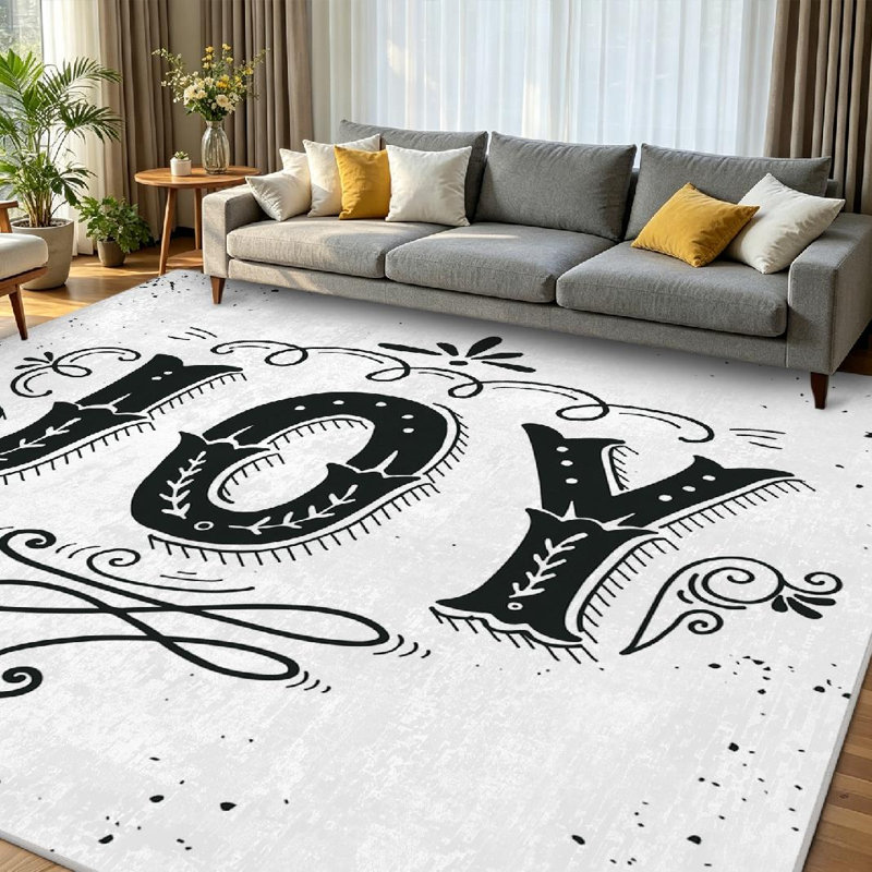 Tapis intérieur noir lavable à la machine, motif rétro « Joy Merry Christmas », avec tapis de Noël., Rectangle 71" x 98"