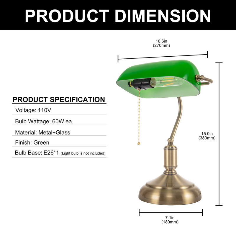 Lampe de banquier en verre noir avec garniture dorée et interrupteur à chaîne, lumière de bureau réglable pour bureau, bibliothèque ou bureau