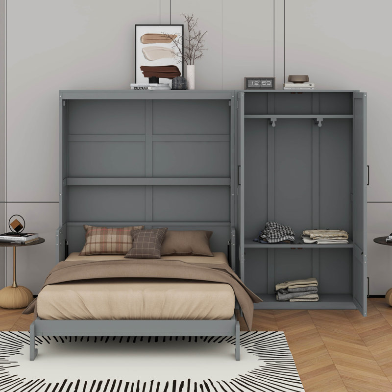 Grand lit escamotable mural avec placard, Gris