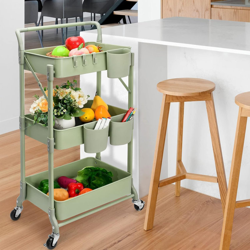 Chariot roulant pliable à 3 niveaux, Vert, H 39,76 po x l 17,7 po x P 11 po