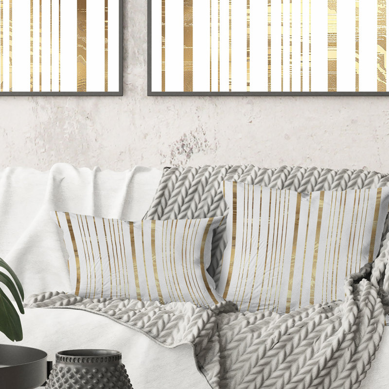 Coussin Glamoureux Pinstripe - Glam, Blanc / Doré, H 16 po x l 16 po