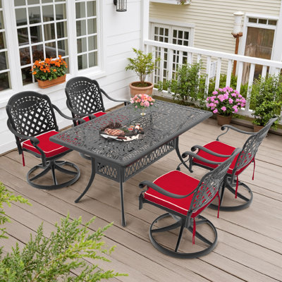 5-Piece Rectangle Cast Aluminum Outdoor Patio Dining Set with Swivel Chairs & Cushions & Umbrella Hole