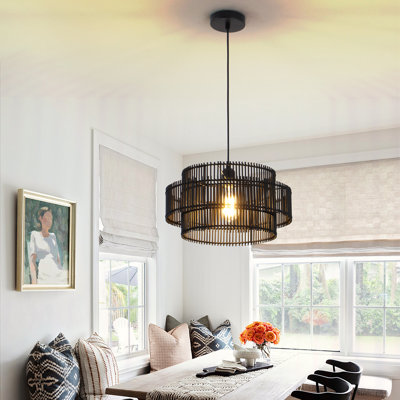 Luminaire suspendu 16 po en bambou naturel à double couche de style bohème avec auvent noir, certifié cULus pour les salles à manger, les îlots de cuisine, les salons, les entrées ou les éclairages d'ambiance café