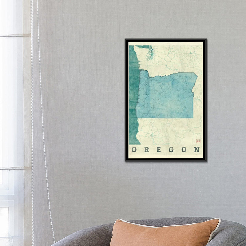 «Oregon Map», impression sur toile, H 26 po x l 18 po x P 1,5 po, Toile avec cadre noir, Pas de tapis