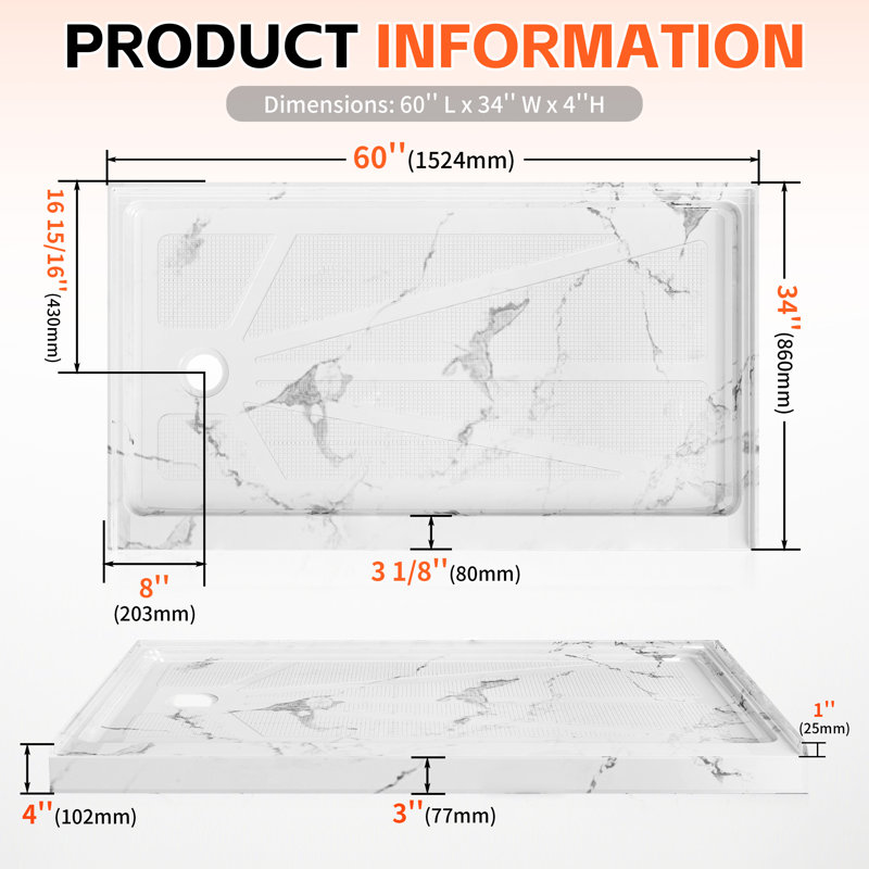 60" x 34" Single Threshold Alcove Shower Base with Left Drain, Integrated Flange and Low Profile Design, Marble White, Left
