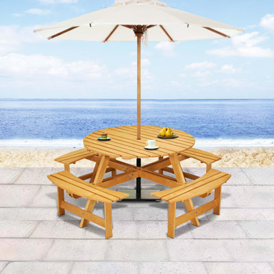 Ensemble de table de pique-nique ronde pour 8 personnes avec 4 bancs intégrés et un trou pour parasol, idéal pour le jardin, la cour, le porche et le patio, en bois naturel