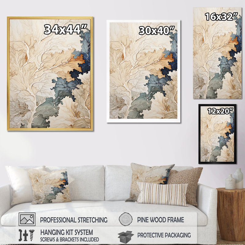 Arbre bleu et beige, tilleul américain - impressions d'art mural, Cadre naturel flottant, H 40 po x l 30 po