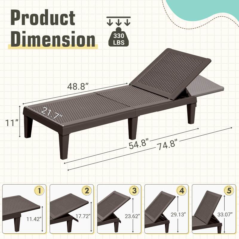 2-Pieces Outdoor Chaise Lounge Chairs with Adjustable Backrest, Dark Brown