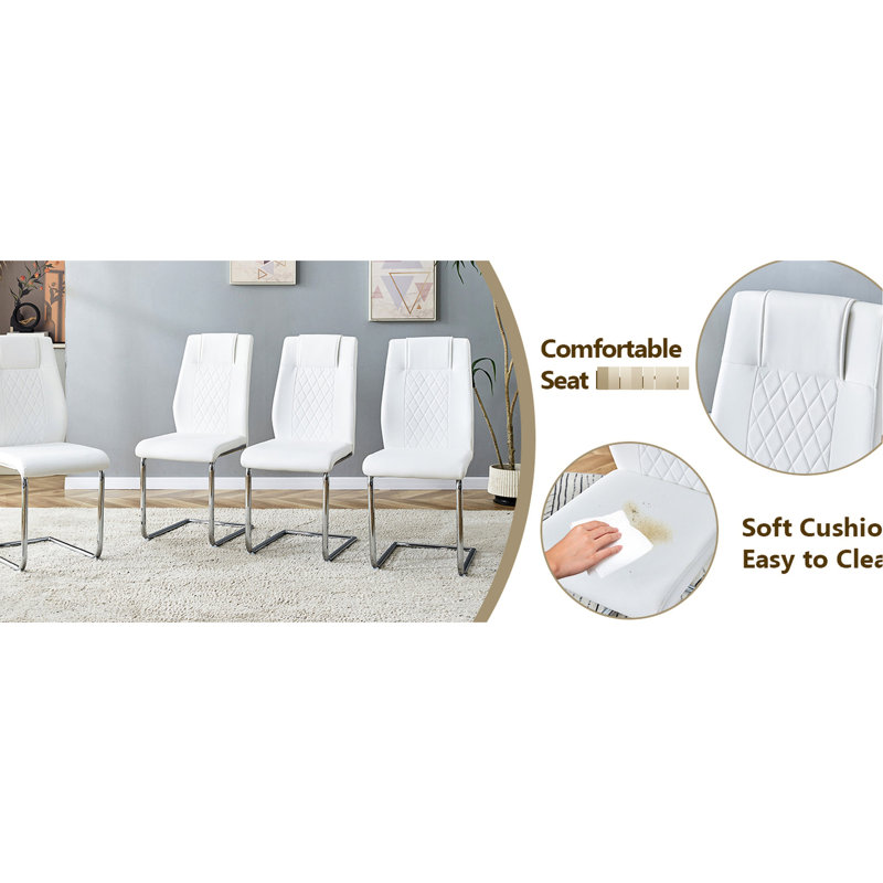 Table de salle à manger 63 * 31,4 pouces pour 6 pièces en pierre frittée avec des chaises en polyuréthane blanc, plateau de table résistant aux égratignures, pieds stables, assise agréable et agréable 6 pieds en métal froids, stable, ergonomique