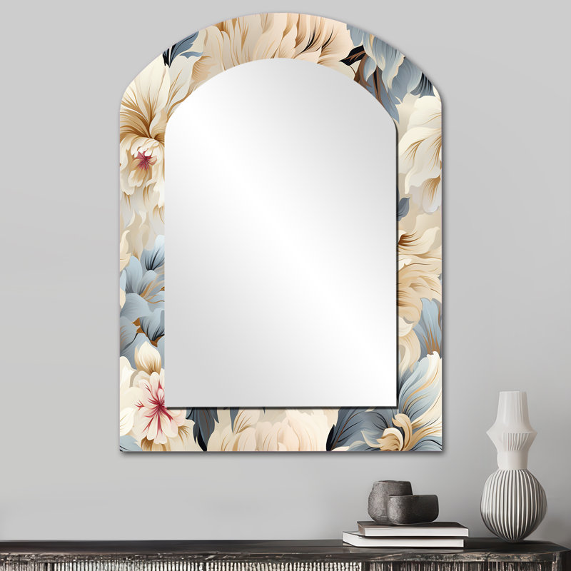 Ethereal Serenity Boho Pattern - Floral Asymmetrical Large Mirror, Cottage Arch Decorative Wall Mirror, Printed Metal Art