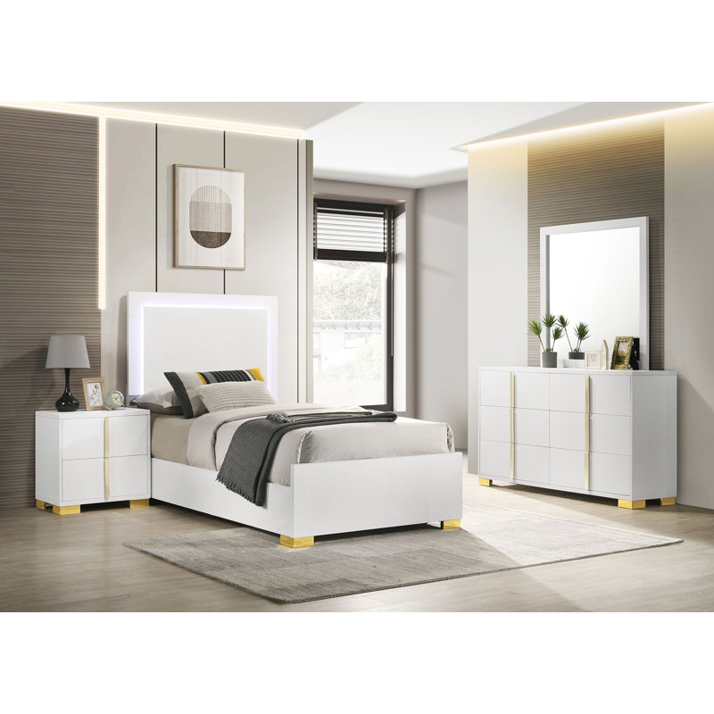 Ensemble de chambre à coucher 5 pièces Sabrielle, Blanc, Simple, 4 Pcs: Bed, Nightstand, Dresser, Mirror