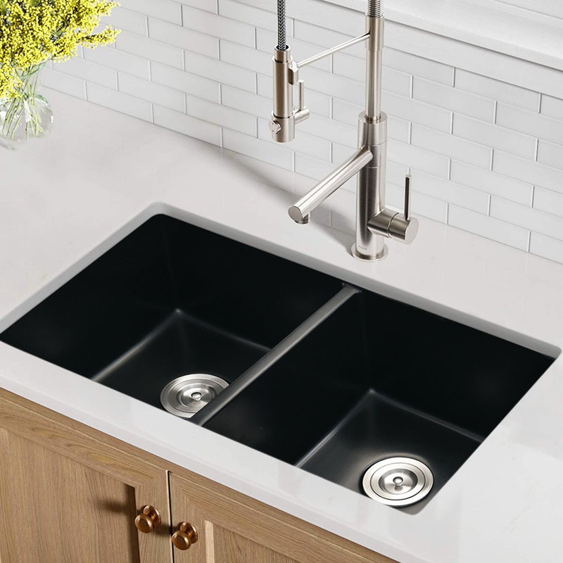 32" L X 18" W Double Bowl Undermount Kitchen Sink With Basket Strainer, Black
