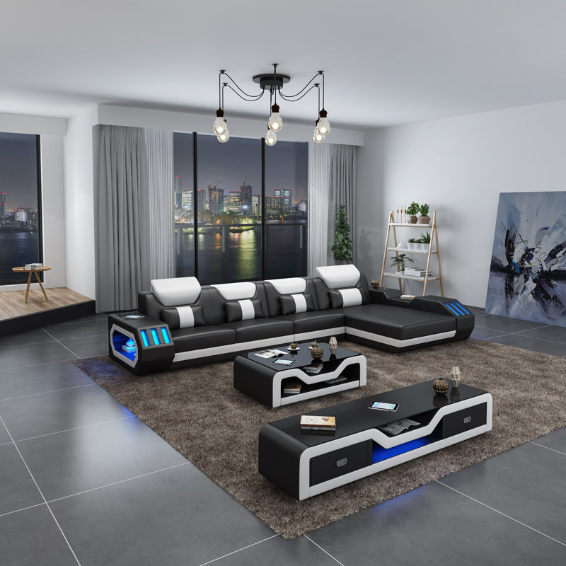 Starfighter Upholstered Power Reclining L-Shaped Sectional, Black/White Genuine Leather, Right Hand Facing
