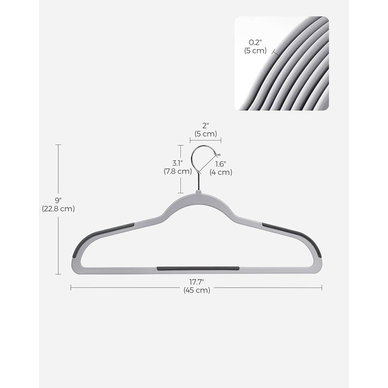 Paquet de 50 cintres en plastique, économisant l'espace, 0,2 po d'épaisseur, 17,7 po de largeur, crochet pivotant à 360 °, gris clair et gris foncé