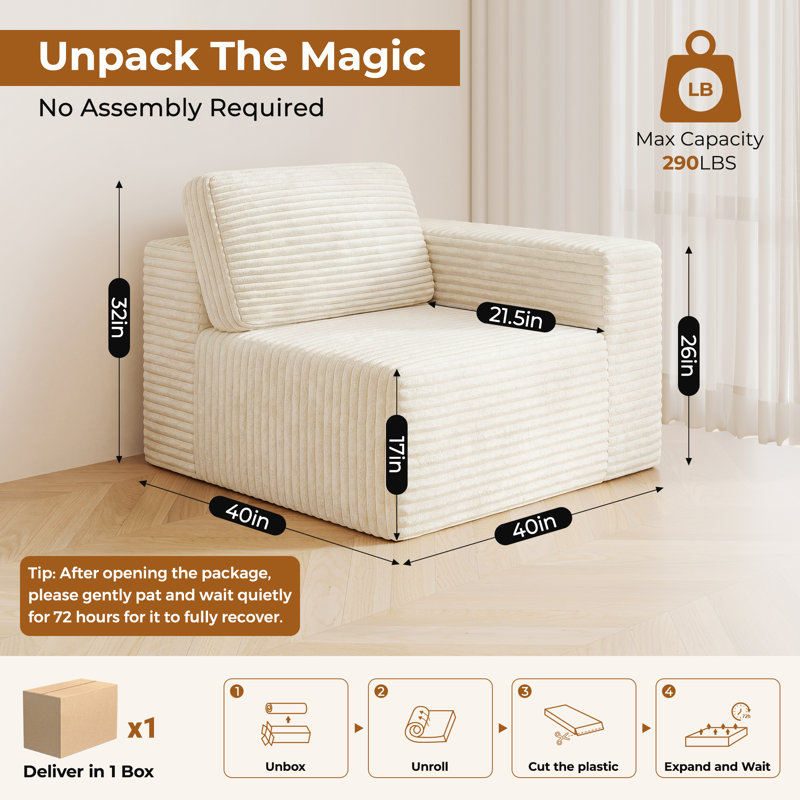 Fauteuil d'appoint modulaire en velours côtelé de 40 pouces, faisant face à la main droite, sans assemblage requis Canapé simple avec éponge à double soutien