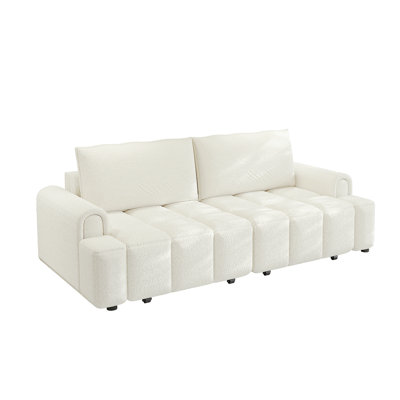 90.2" Comfy 4-Seater Modern Teddy Fabric Couch with Seats Storage, King Size 3-in-1 Convertible Sleeper Sofa Bed for Living Room,Office,Apartment,Beige/White