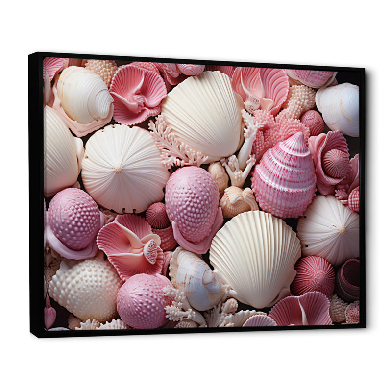 «Pink White Shells Seashore Collage II», reproduction sur toile, H 34 po x l 44 po x P 1,5 po, Toile avec cadre flottant noir