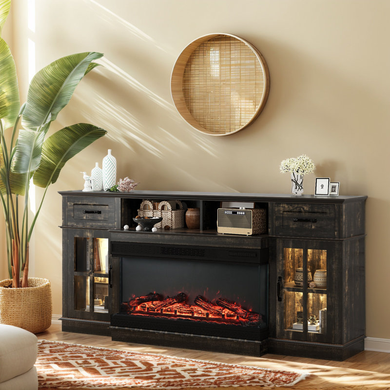 Farmhouse 70'' TV Stand For Tvs Up To 80'' With Electric Fireplace And Adjustable Shelves, Black