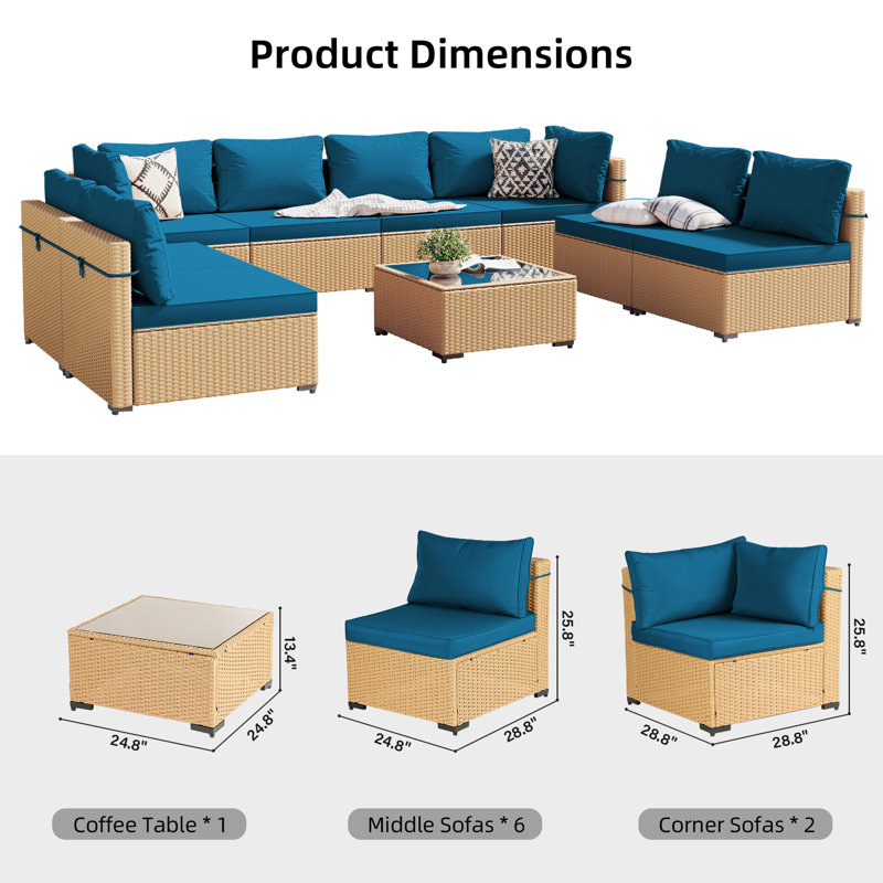 Briara 8 - Person Modular Patio Conversation Set with Cushions, Deep Lake Blue