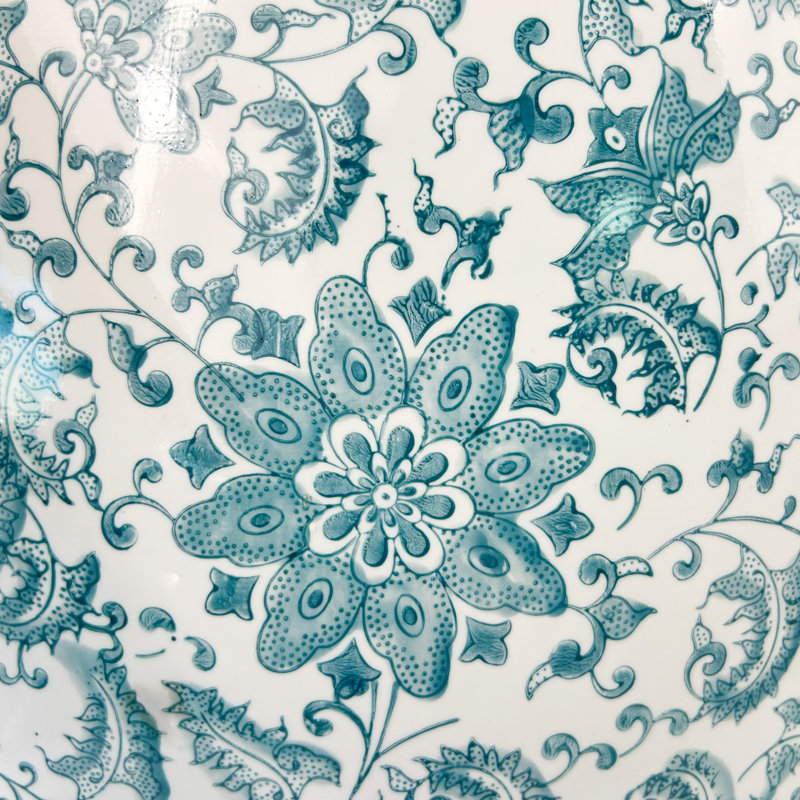 Floral patterned square ceramic stool, Blue
