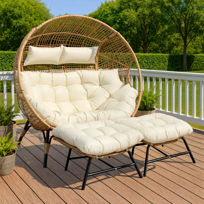 Daleigh 2-Person Double Egg Chair Loveseat with 2 Ottomans, 57" Wide Wicker Rattan Lounge Chair, 5" Thick Cushions, 690-lb Capacity