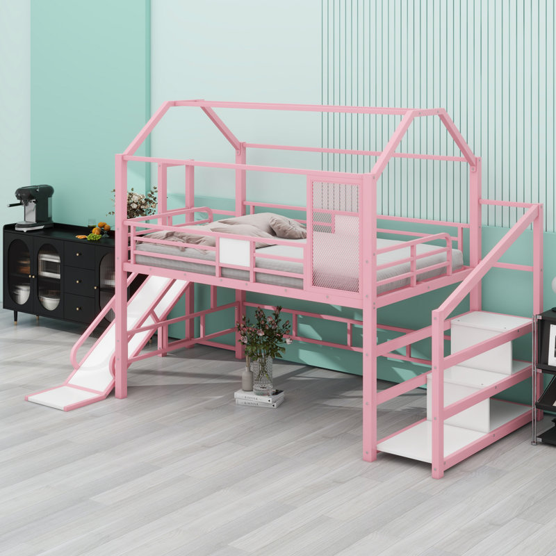 Metal House Loft Bed With Slide，Stairs And Storage Shelves, Pink