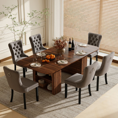Ensemble de table et de chaises de salle à manger rectangulaire avec 4 à 6 chaises rembourrées en velours et rangement, style ferme moderne