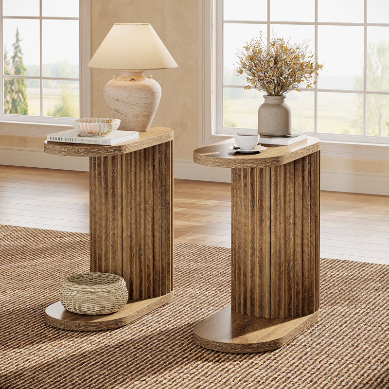 Narrow Fluted C-shaped End Table, Brown