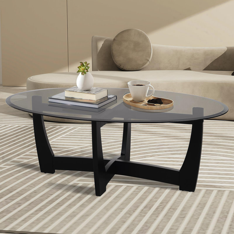Table basse 48 po ovale en verre avec base en bois, noir, Noir, Noir