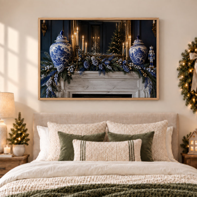 «Blue Porcelain Jars and Pinecone Garland on Christmas», art mural sur toile, 18"H x 24"W
