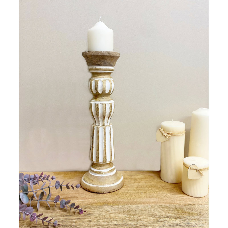 Wood Tabletop Candlestick with Candle Included, Light Brown, 37.5cm H x 13cm W x 13cm D