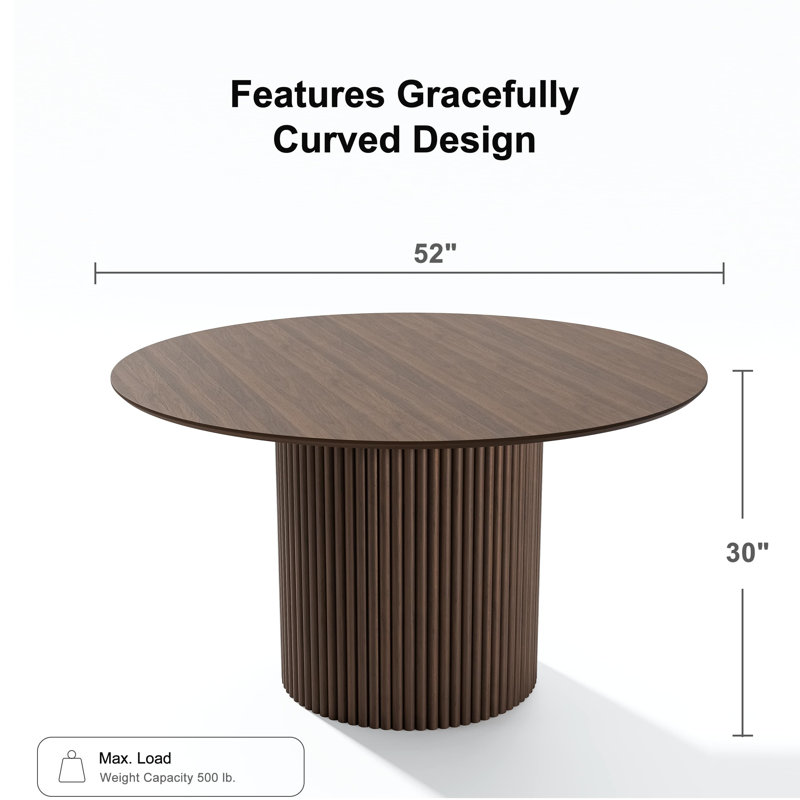 Solid Wood Dining Table Round Pedestal Kitchen Table, Walnut, 30”H x 52”L x 52”W