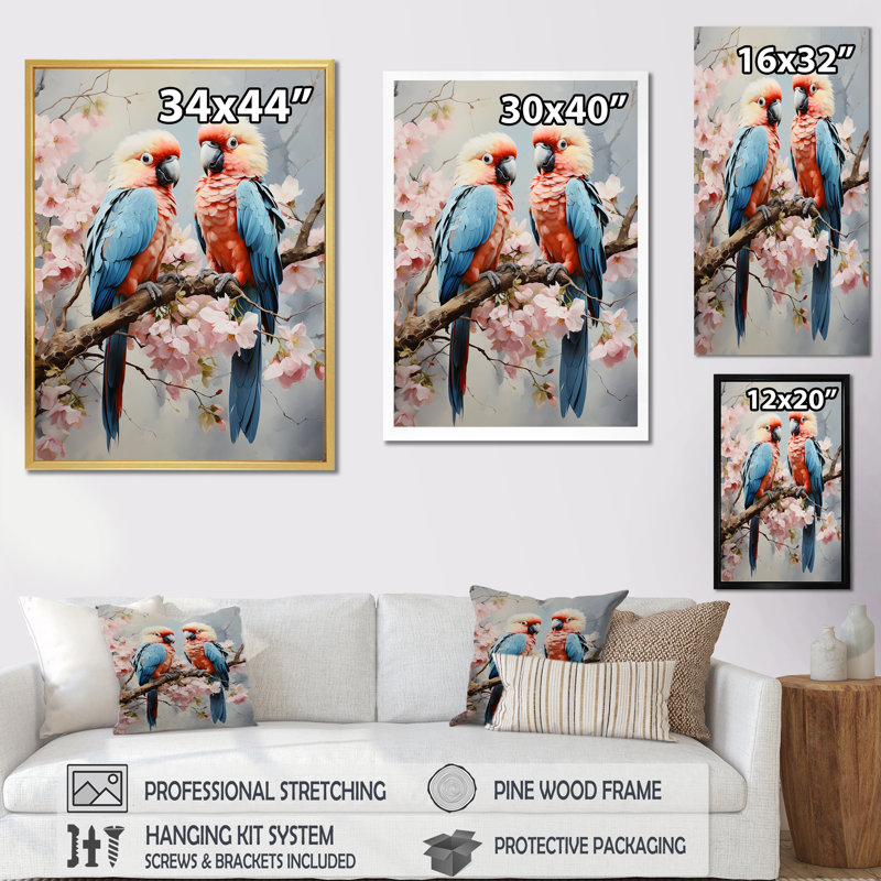 Perroquets tropicaux chuchotés sur toile, Cadre flottant noir, H 20 po x l 12 po x P 1 po