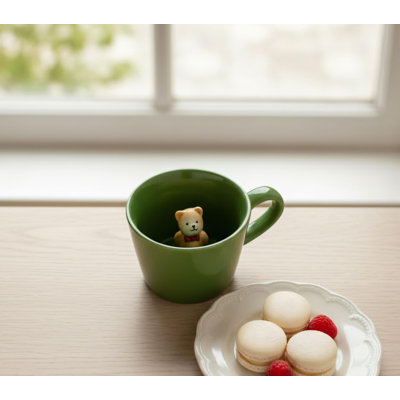 Bow-Tie Bear Coffee Mug, 12Oz, Green Ceramic Mug With Cute Animal Figurines Inside, Handmade Cartoon Mug, Holiday Gift For Coffee And Milk Tea Lovers