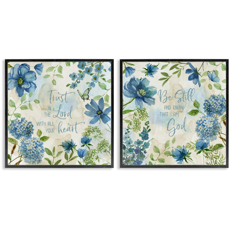 «Trust Be Still Blue Hydrangea», ensemble de 2 giclées par Nan, H 24 po x l 24 po, Giclée encadrée noir minuit