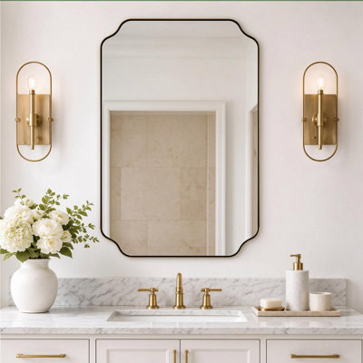 Modern Scalloped Corner Rectangle Bathroom Vanity Mirror | Stainless Steel Frame