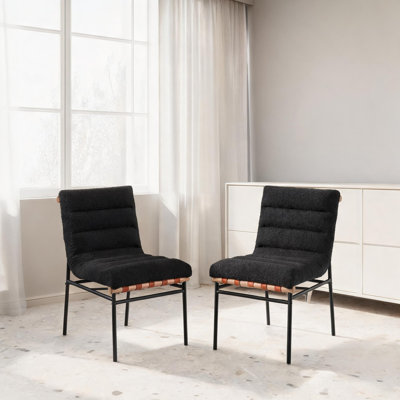 Set of 2 Upholstered Dining Side Chairs with Deep Black Boucle Fabric and Black Iron Legs, 25 L x 19 W x 32 H