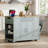 A Practical Gray-Blue Kitchen Island With Five Wheels For Easy Movement, Complete With Drawers And Side Shelves, And Includes A Trash Can Cabinet And Power Outlet.-992412935