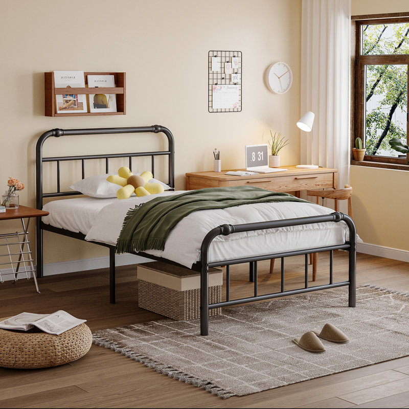 14 Inch Metal Twin XL Bed Frame with Headboard, Heavy Duty Industrial, 3500 lbs Capacity, Noiseless Non-Sway, Black, Easy Assembly, No Box Spring Needed
