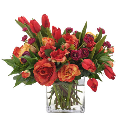 Rose Tulip, Orange Red, Glass Cube, 18wx17dx14h