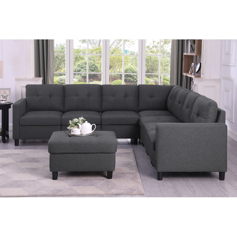 Mercola 7 - Piece Upholstered Tufted Back Corner Modular Sectional with Ottoman, Dark Gray Linen Blend