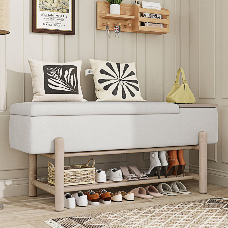 Banc de rangement rembourré Farmhouse avec compartiment caché, Naturel