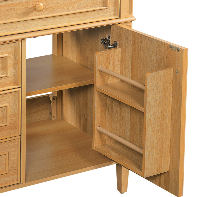 Meuble-lavabo de salle de bain avec lavabo, tiroir escamotable, 2 tiroirs à fermeture en douceur, 1 porte à fermeture en douceur, bois massif et panneau de fibres à densité moyenne, poignées en bois élégantes