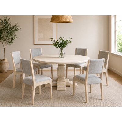 Cochran 6-Person Dining Table Set with a Round Dining Table and 6 Silver Boucle Solid Wood Dining Chairs