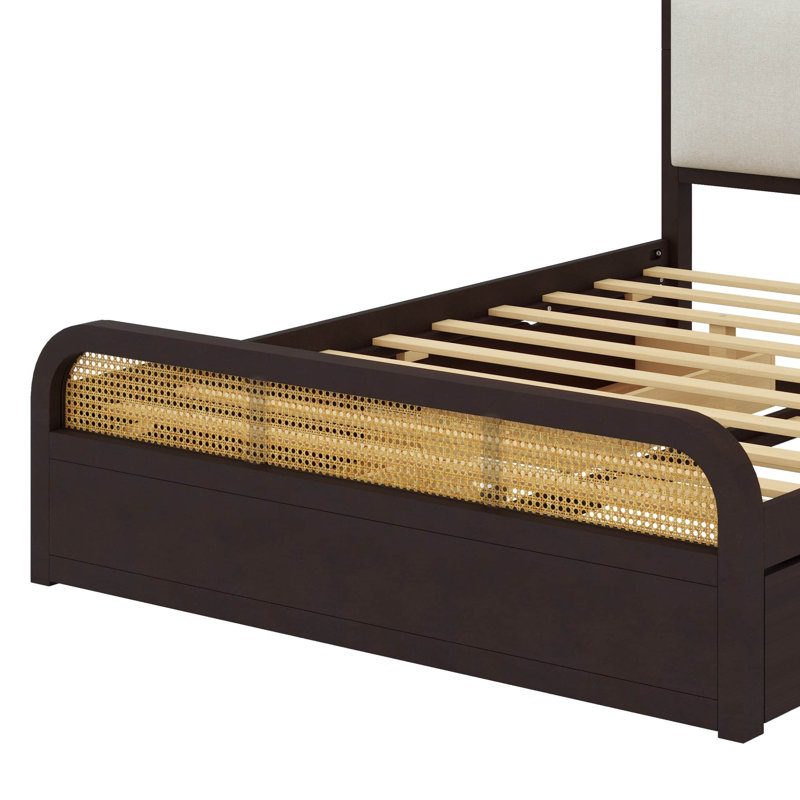 Grand lit plateforme en bois robuste avec lit gigogne et tiroirs de rangement, Espresso