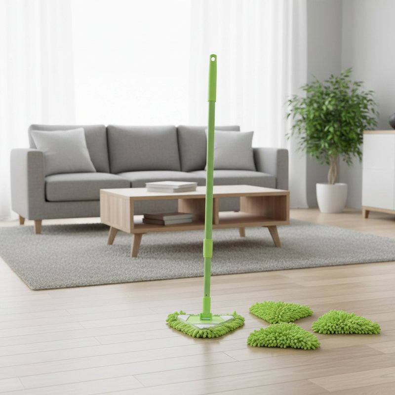 21" Triangle Small Mop With 3 Replacement Cloth Telescopic 180 Degree Rotation Magic Wipe Wall Sweeper Household Cleaning Tile, Green
